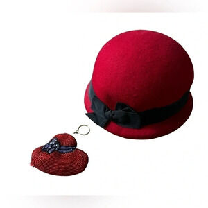 Vintage Kathy Jeanne 100% Woolfelt Red And Black Hat With Keychain